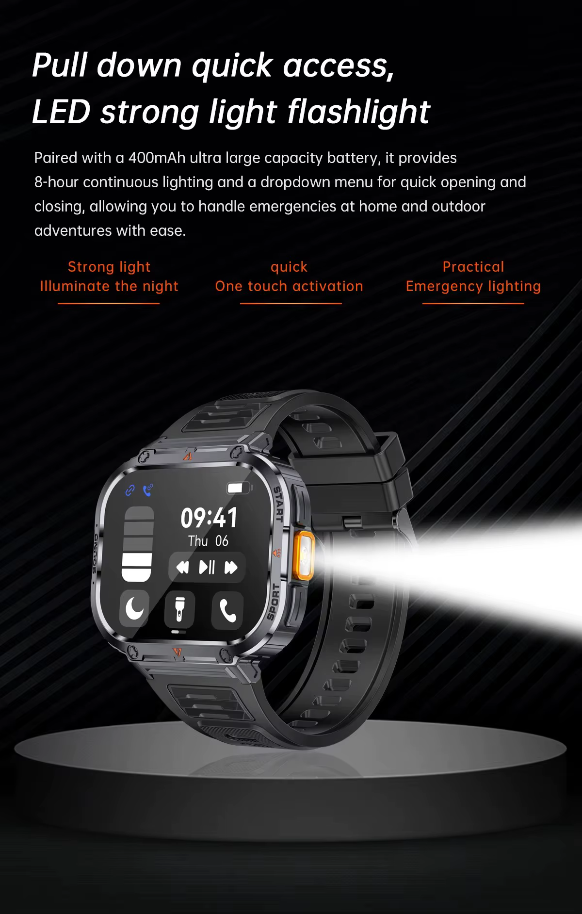 Montre intelligente 2 pouces Ultra grand écran NX23 lumière LED lampe de poche BT appel AI voix 400mAh hommes Fitness sport Tracker Smartwatch