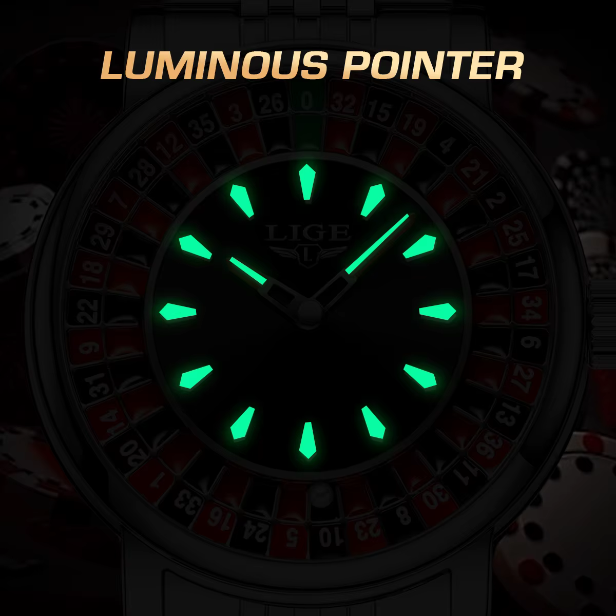 Montre Homme LIGE Tendance en Cuir Marron avec Cadran Rotatif Thème Roulette de Las Vegas