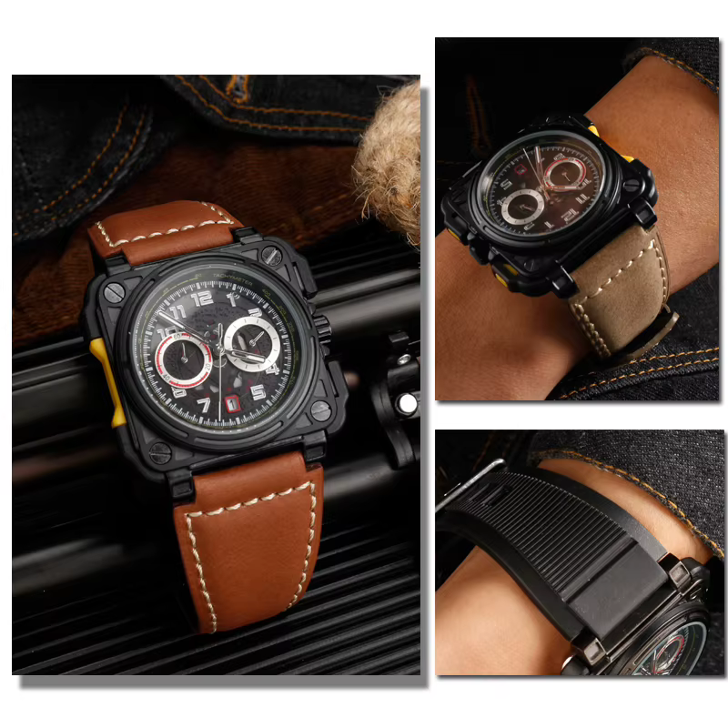Pour Bell Ross B & R BR-01 BR-03 Hommes Bracelet de montre en cuir véritable Cirhide 35-24mm convexe silicone