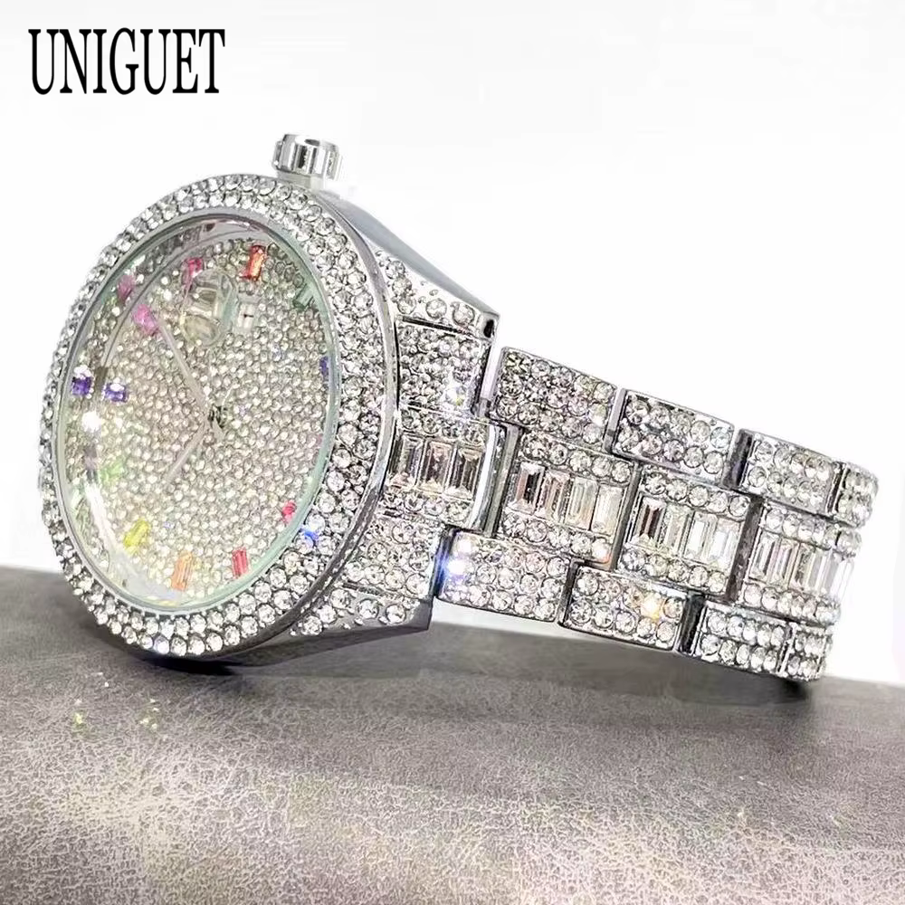 UNIGUET mode montre de glace pour hommes de luxe argent Quartz horloge Hip Hop couleur diamant bijoux montre-bracelet homme Reloj Hombre