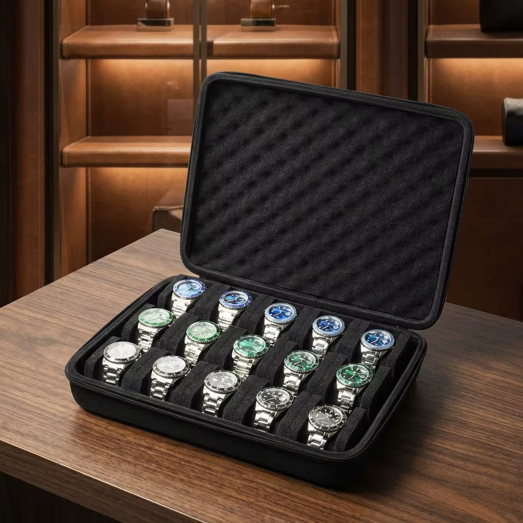 Boîte de rangement pour montres à coque rigide avec 15 emplacements