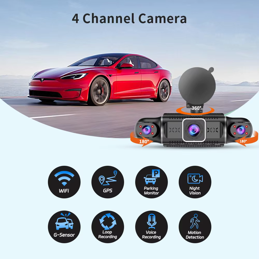 Moniteur de stationnement WiFi GPS 24h, caméra de tableau de bord pour enregistreur de conduite de voiture, 4 objectifs FHD 1080P DashCam, tachygraphe de Vision nocturne 64 go 360 °   DVR de voiture