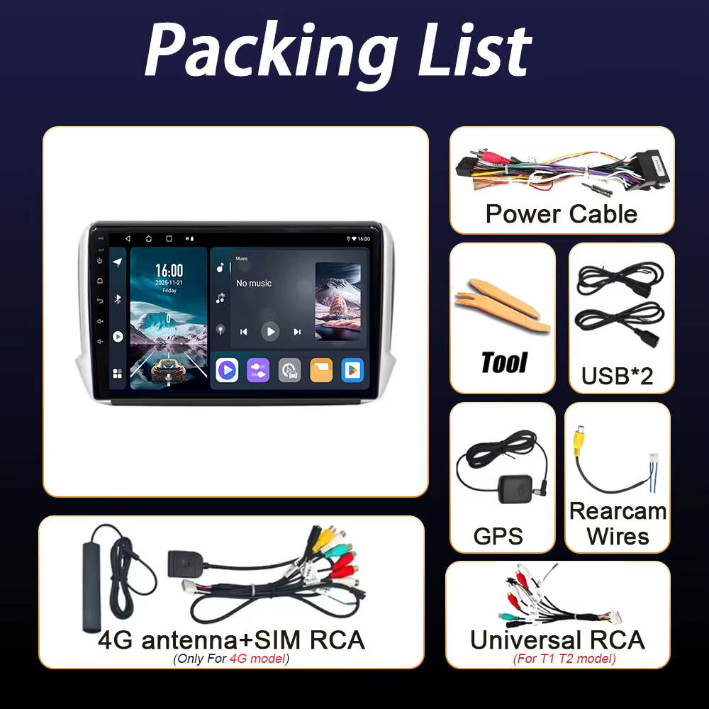 Autoradio Android 16 pour Peugeot 2008 208 2012 2013 - 2018, lecteur multimédia Carplay, navigation GPS, stéréo DVD, caméra embarquée, écran