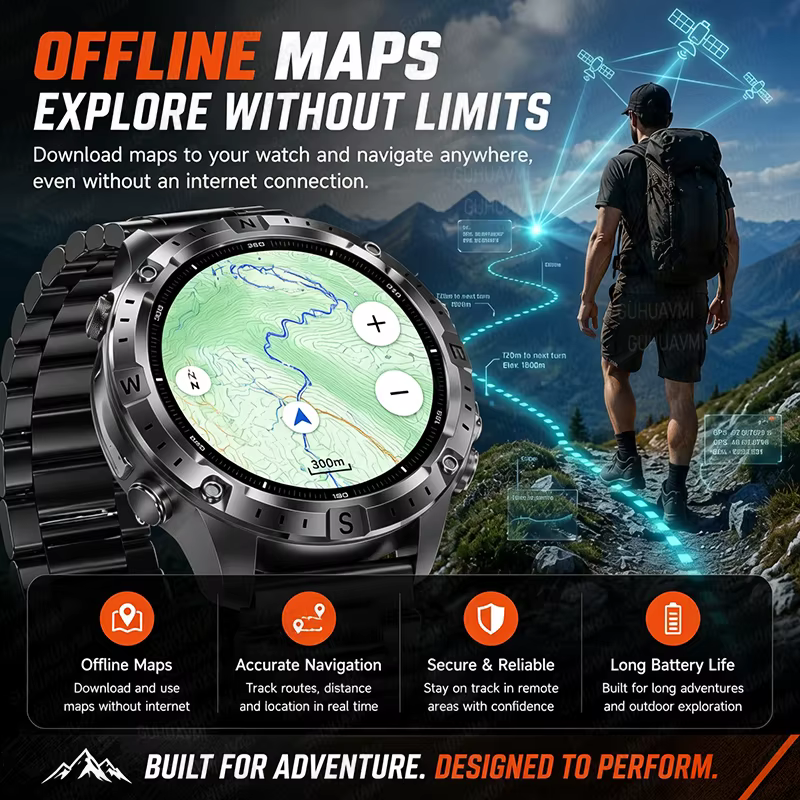 Nouvelle montre connectée GPS d'extérieur avec cartes hors ligne pour hommes