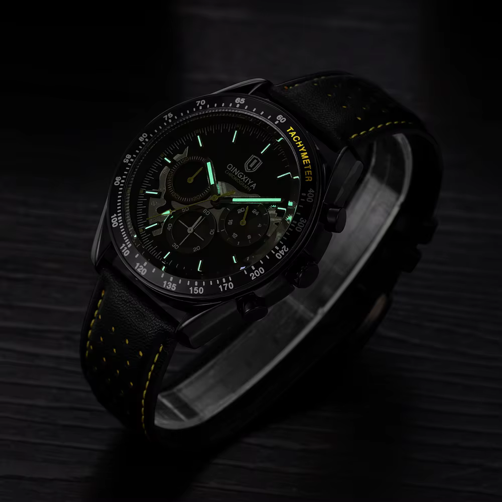 QINGXIYA haute qualité hommes Sport montre à Quartz haut de gamme de luxe chronographe horloge mâle en cuir militaire