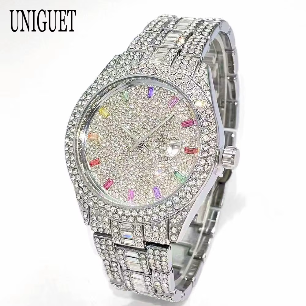 UNIGUET mode montre de glace pour hommes de luxe argent Quartz horloge Hip Hop couleur diamant bijoux montre-bracelet homme Reloj Hombre