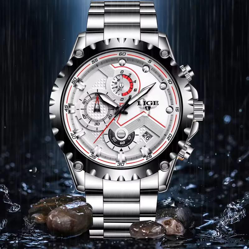 LIGE mode hommes montres haut de gamme marque argent acier inoxydable 30 m étanche montre à Quartz