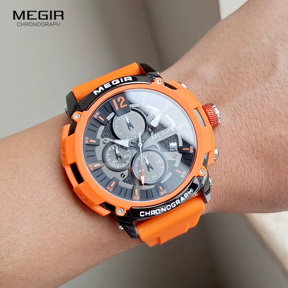 MEGIR Orange Sport montres pour hommes mode étanche lumineux chronographe Quartz montre-bracelet avec Date automatique bracelet en Silicone 2208