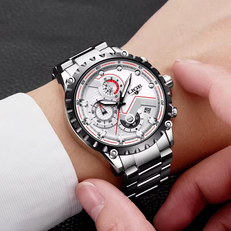 LIGE mode hommes montres haut de gamme marque argent acier inoxydable 30 m étanche montre à Quartz