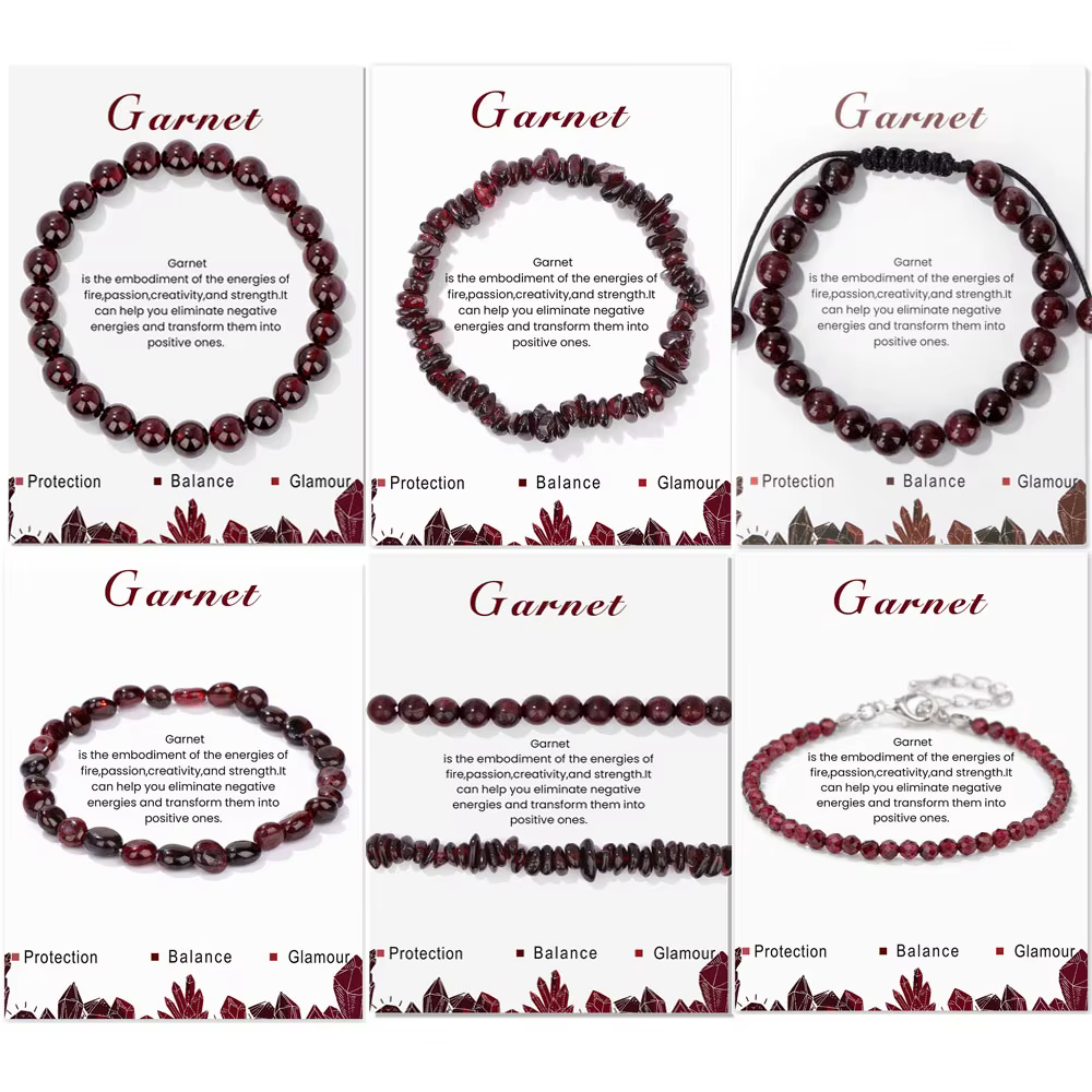 Bracelets de perles de grenat rouge naturel pour femmes et hommes, puce irrégulière, gravier, pierres de quartz rondes, avec carte, bijoux