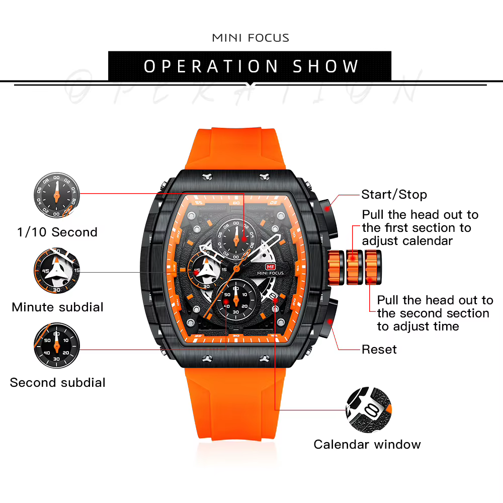 MINI FOCUS chronographe montre à Quartz pour hommes cadran Tonneau montre-bracelet de Sport militaire mâle avec bracelet en Silicone Orange Date automatique
