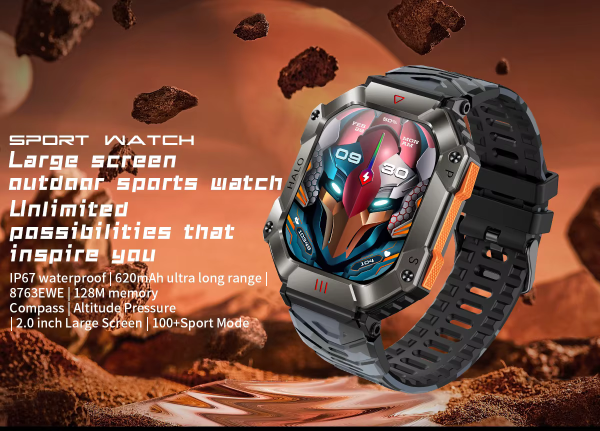 Montre intelligente extérieure cadre métallique militaire appels Bluetooth 2.0 "HD longue durée étanche 100 sport boussole de fréquence cardiaque KR80 HRBO