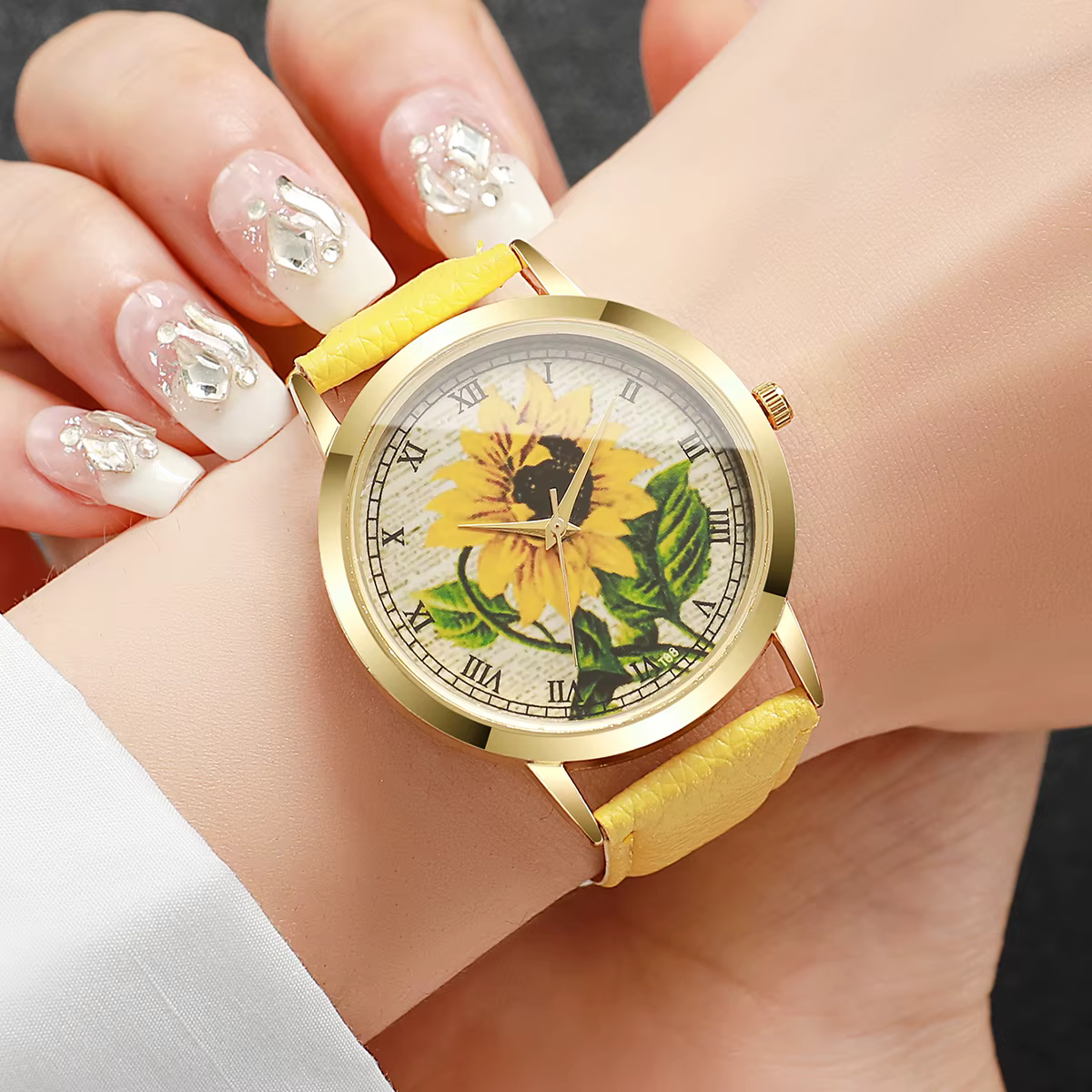 Mode fleur Roma cadran femmes montre-bracelet bracelet en cuir décontracté montres à Quartz pour dames horloge Reloj Mujer (sans boîte)