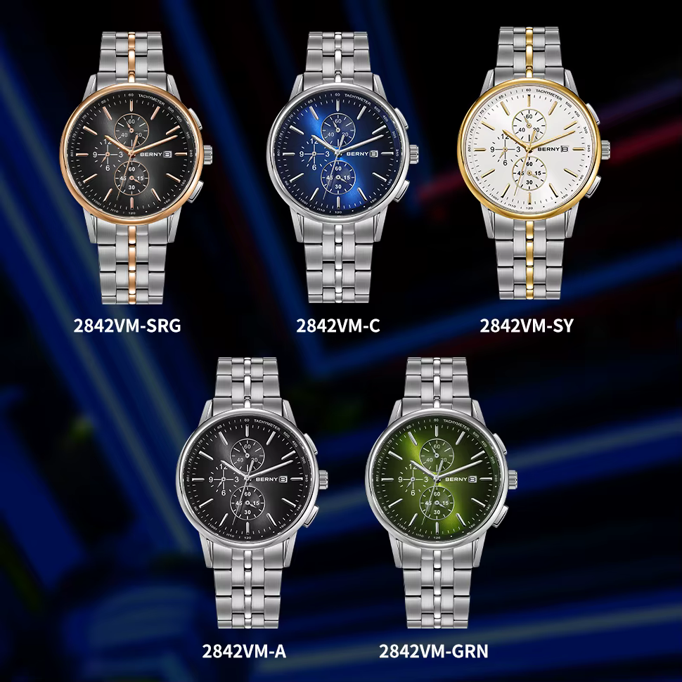 BERNY chronographe montres pour hommes 24 heures cadran MIYOTA OS10 multi-fonction en acier inoxydable saphir Sport