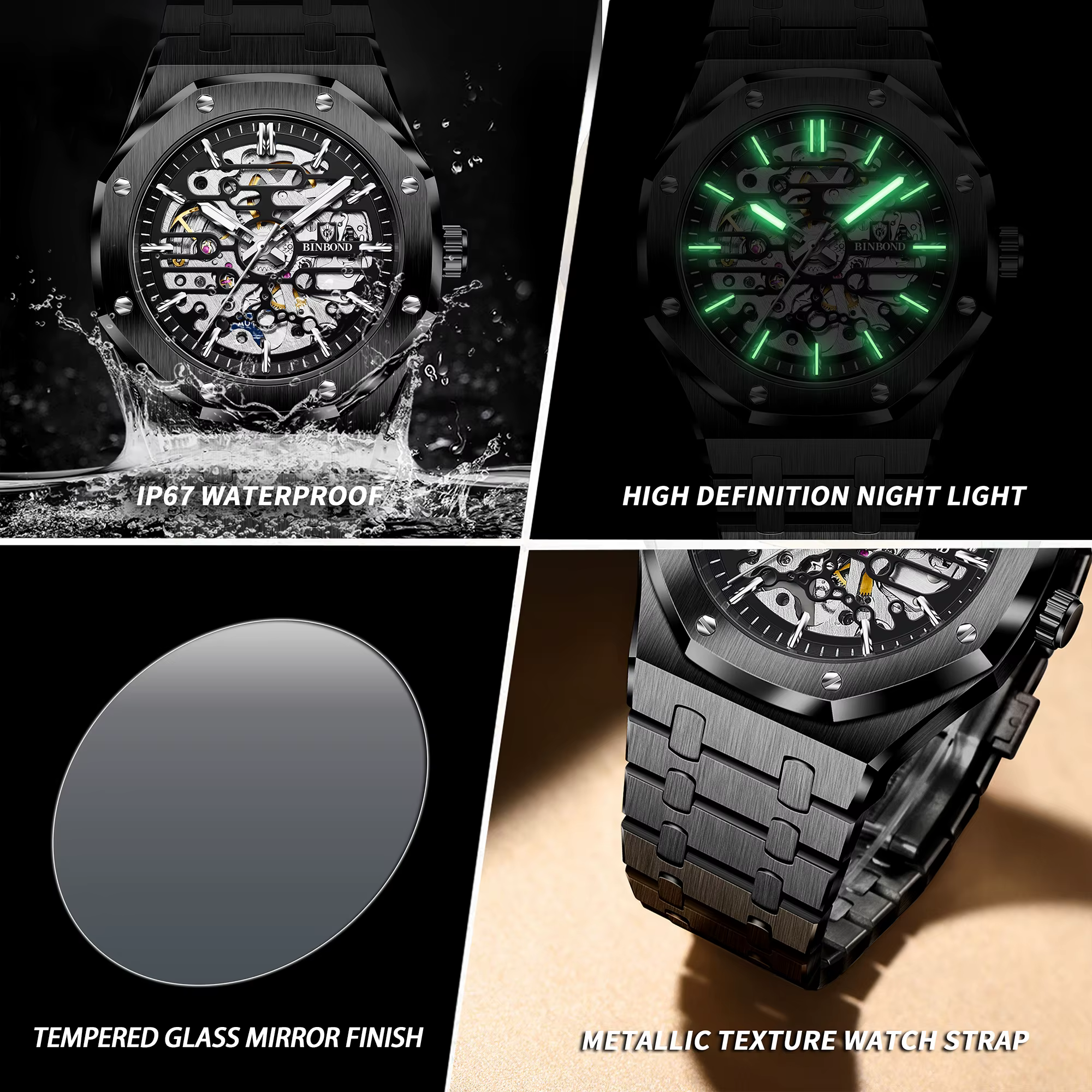 Montres mécaniques squelette tourbillon originales BINBOND pour hommes