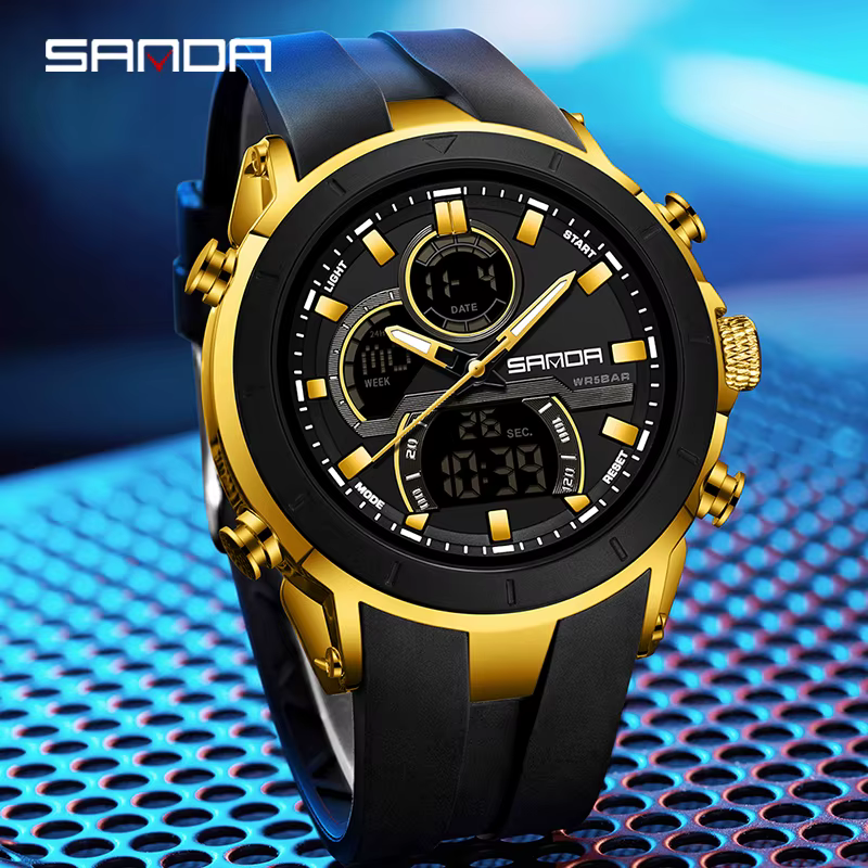 SANDA 6279 montres à Quartz électroniques pour homme double affichage grand cadran calendrier lumineux étanche Sports de plein air montre numérique