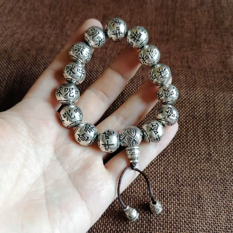 Bracelet Mala Bouddhiste Om Mani Sculpté, Style Argent Tibétain Vintage, Bracelet Perlé avec Mantra à Six Syllabes