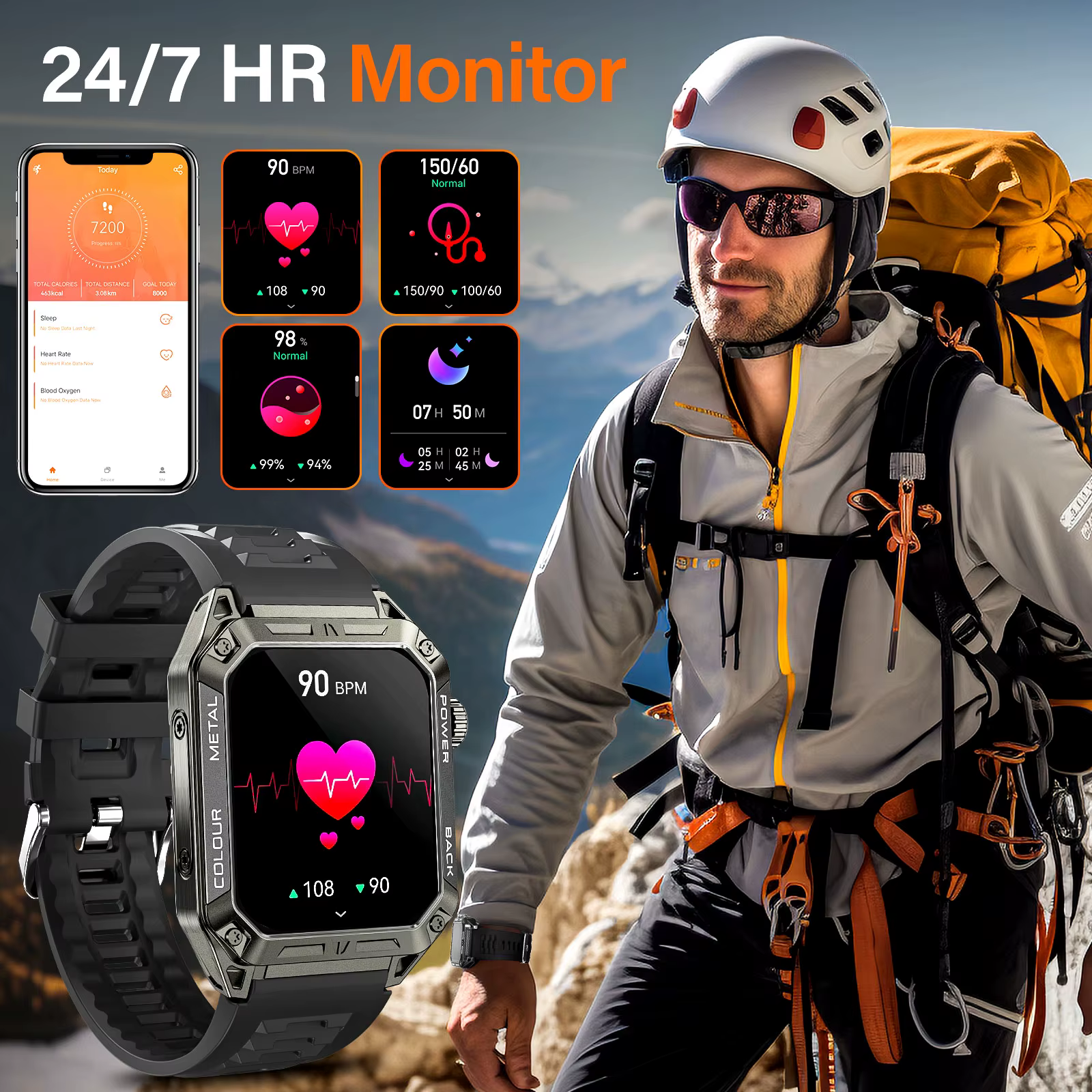 EIGIIS hommes montres intelligentes 1.91 "HD écran tactile 108 + Modes sportifs Fitness Tracker avec fréquence cardiaque SpO2 moniteur de sommeil podomètre