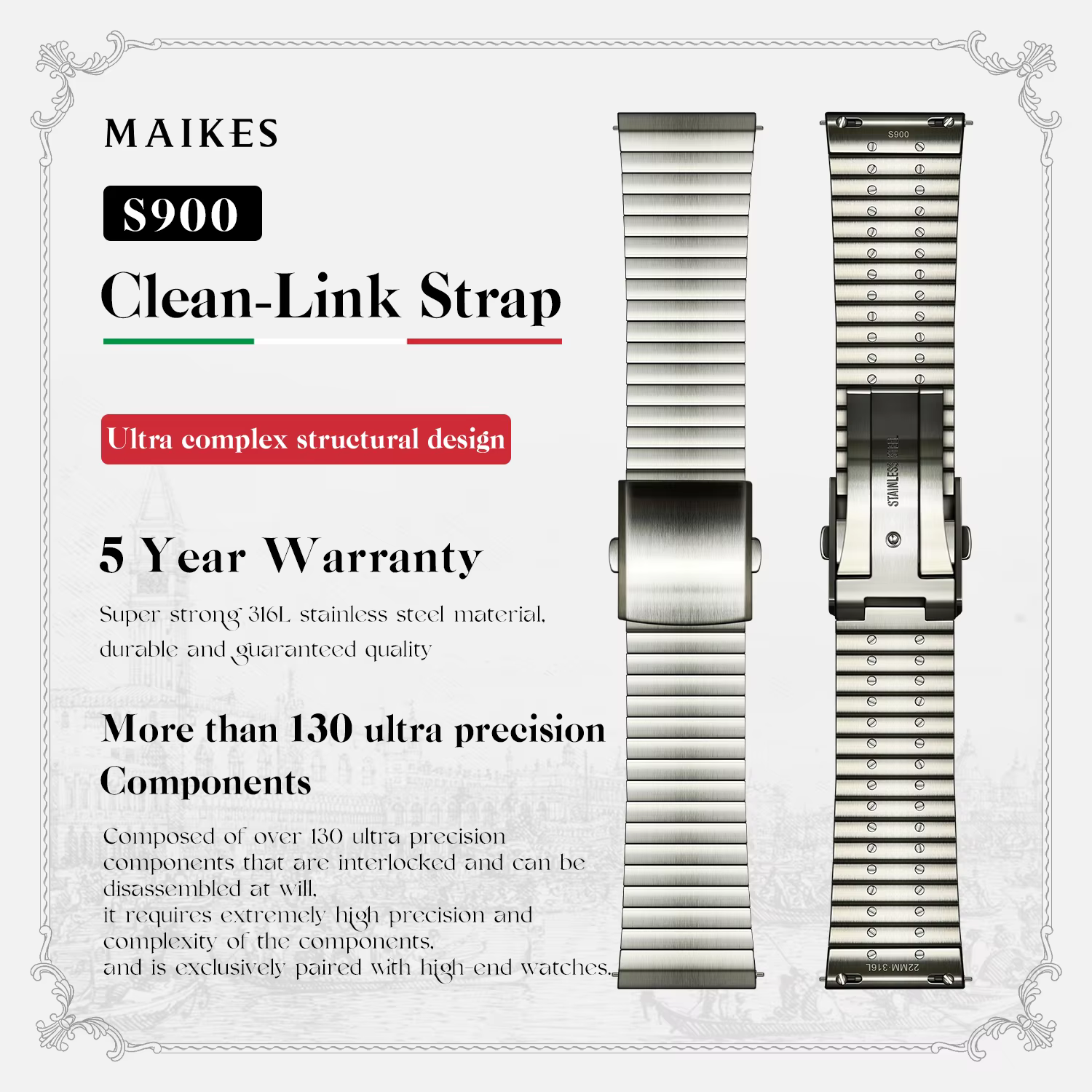 MAIKES S900 Clean Link – Bracelet de montre en acier inoxydable 316L