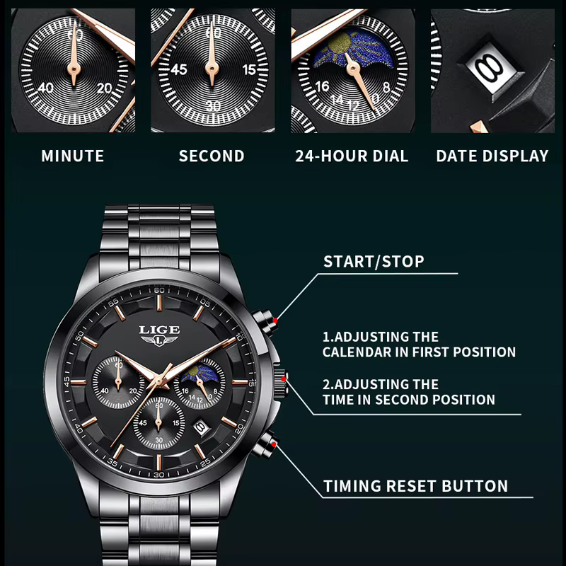 LIGE montres d'affaires hommes Top marque de luxe montre-bracelet à Quartz 3Bar étanche chronographe montre lumineuse pour Gentleman cadeau + boîte