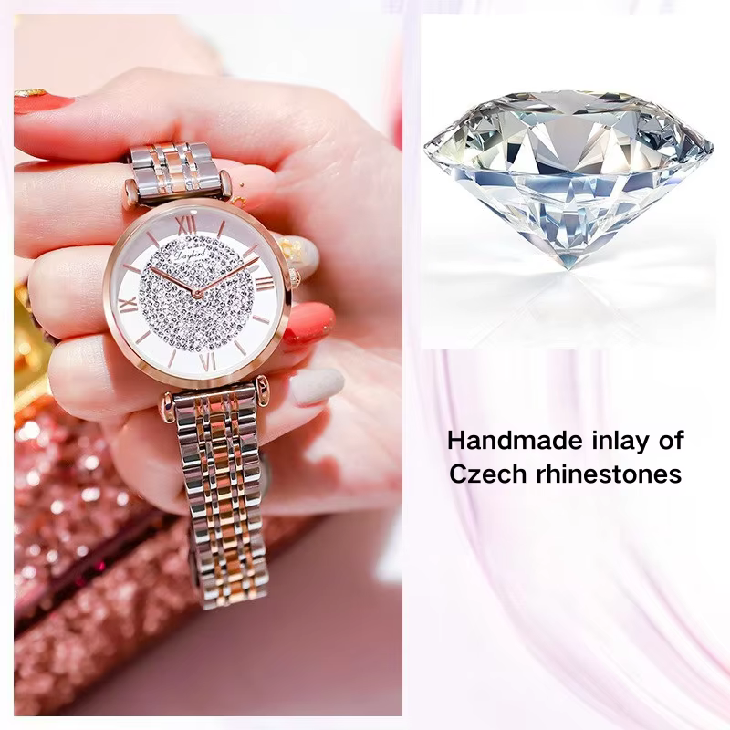Montre à quartz pour femme série ciel étoilé avec mouvement Miyota VJ20 32 mm de diamètre et de 7 mm d'épaisseur incrustée de diamant tchèque 3 ATM