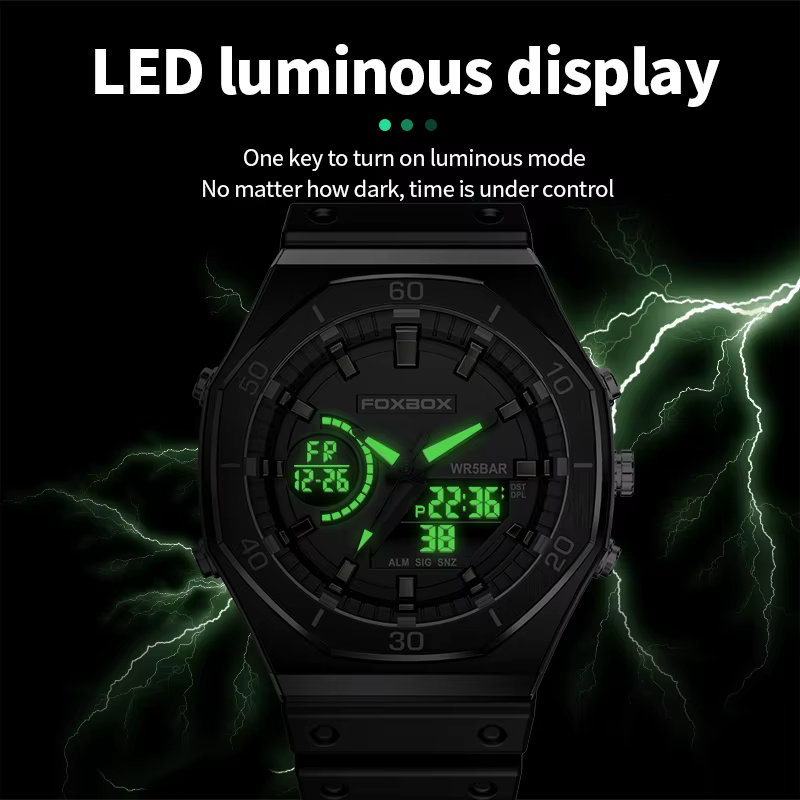 FOXBOX – montre de sport noire à double affichage pour hommes