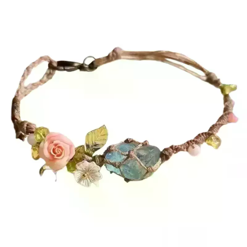 Bracelet ajustable en perles d'aquamarine, fait main, design superposé en maille de cristal, pour cadeau d'anniversaire pour femme