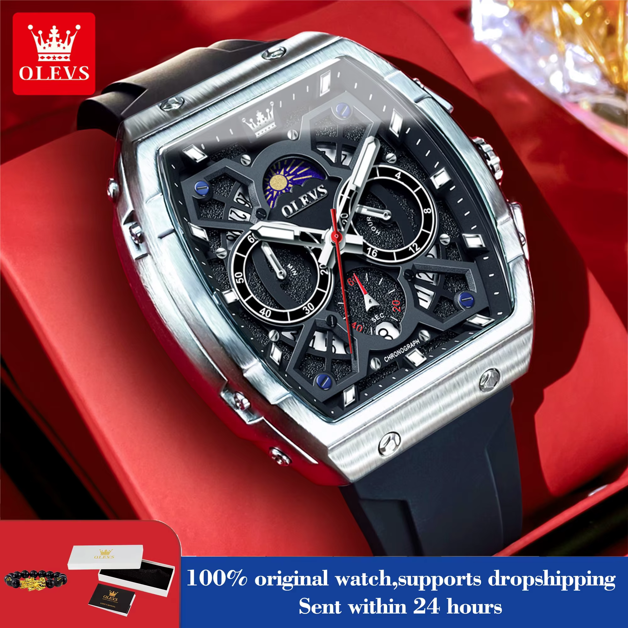 OLEVS 2942 montre à Quartz chronographe de luxe pour hommes 44mm grand cadran Phase de lune horloge à main Date étanche montres de mode originales