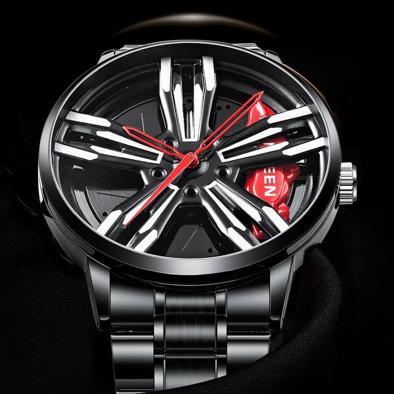 FNGEEN montre de course pour hommes personnalisé Super voiture jante conception en acier inoxydable noir rétro étanche