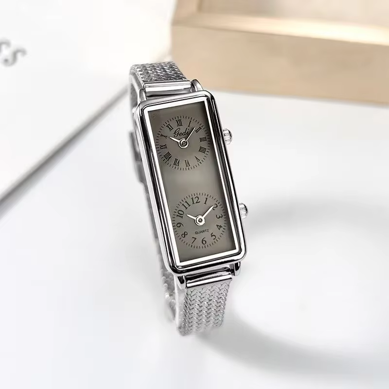 Femmes montre à Quartz de luxe double temps 2 mouvement horloge en acier inoxydable Reloj Mujer Rectangle Orologio filles or argent montre-bracelet