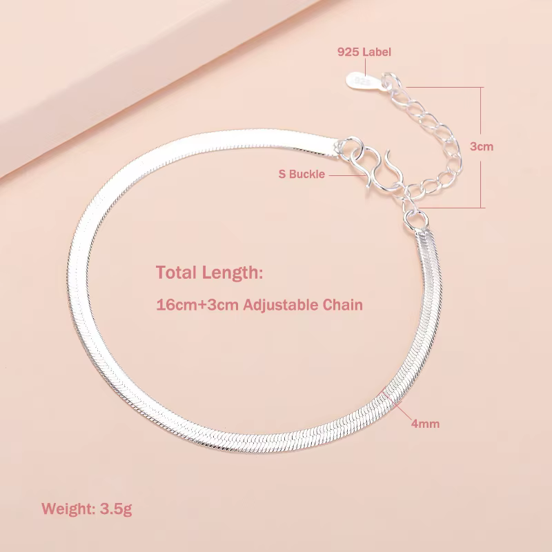 Chaîne de cheville classique simple en os de serpent pour femme, bijoux en argent sterling 925, style punk rock unisexe, bracelet brillant style lame, chaîne de pied