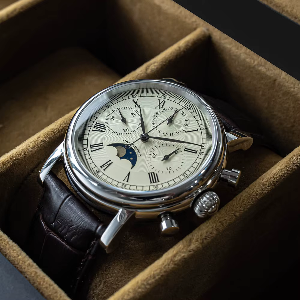 Sugess – montre-bracelet pour hommes, ST1908, mouvement à col de cygne, chronographe mécanique, véritable calendrier de phase de lune, cuir Vintage, nouveau 2023