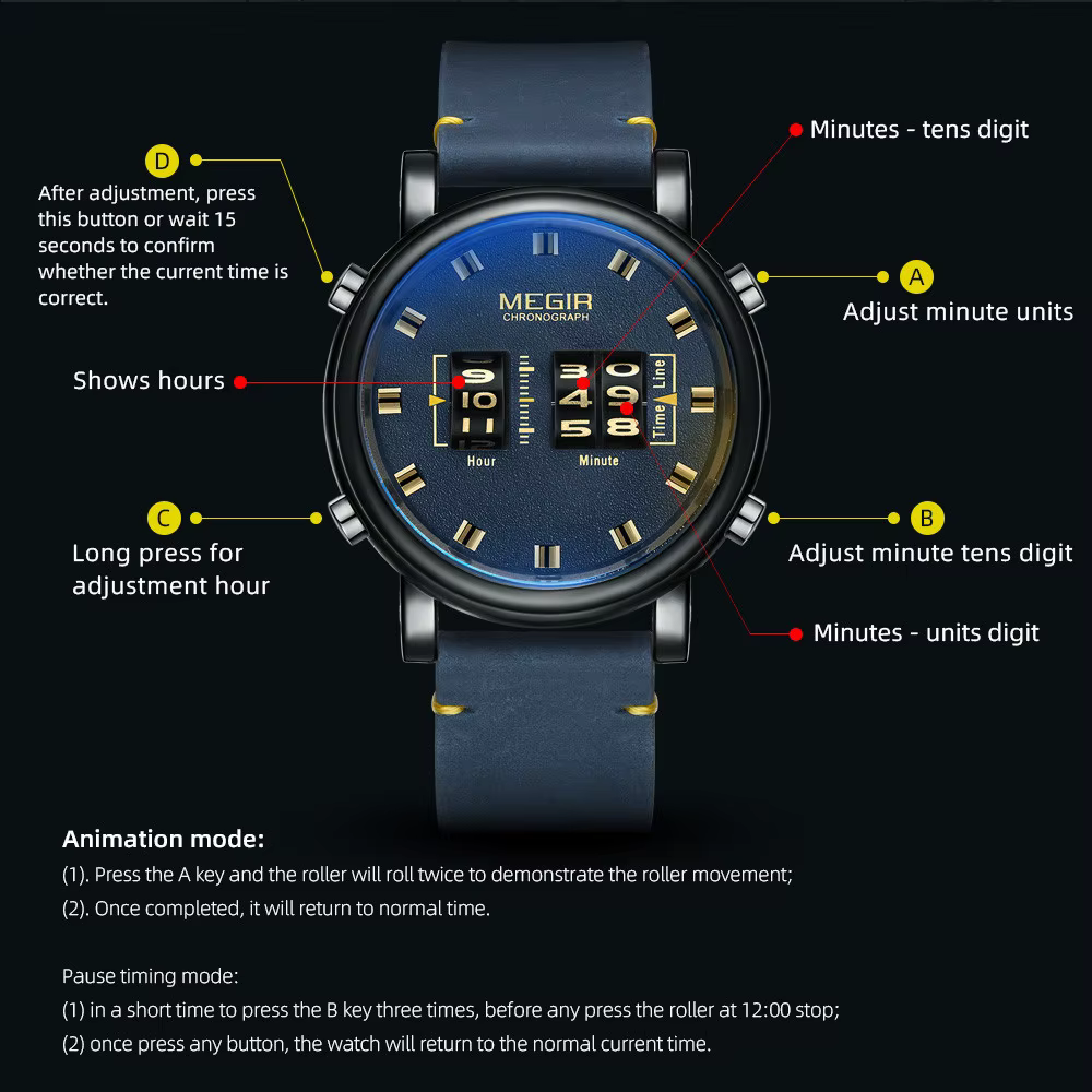 MEGIR marque de luxe hommes Sport montres décontractées bracelet en cuir numérique rouleau pointeur Quartz montre-bracelet horloge Relogio Masculino 2137