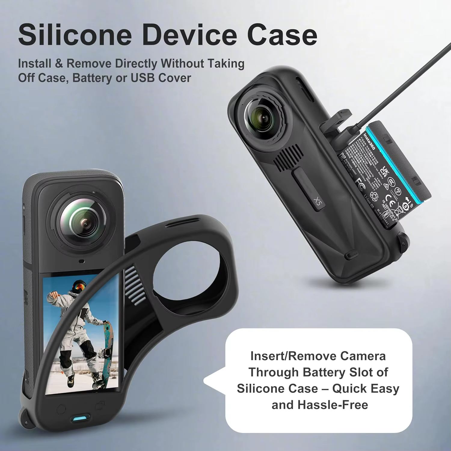 Kit d'accessoires pour Insta 360 X5 comprenant un étui de transport/une coque en silicone/des protections d'objectif/du verre trempé pour écran/une base de support en silicone