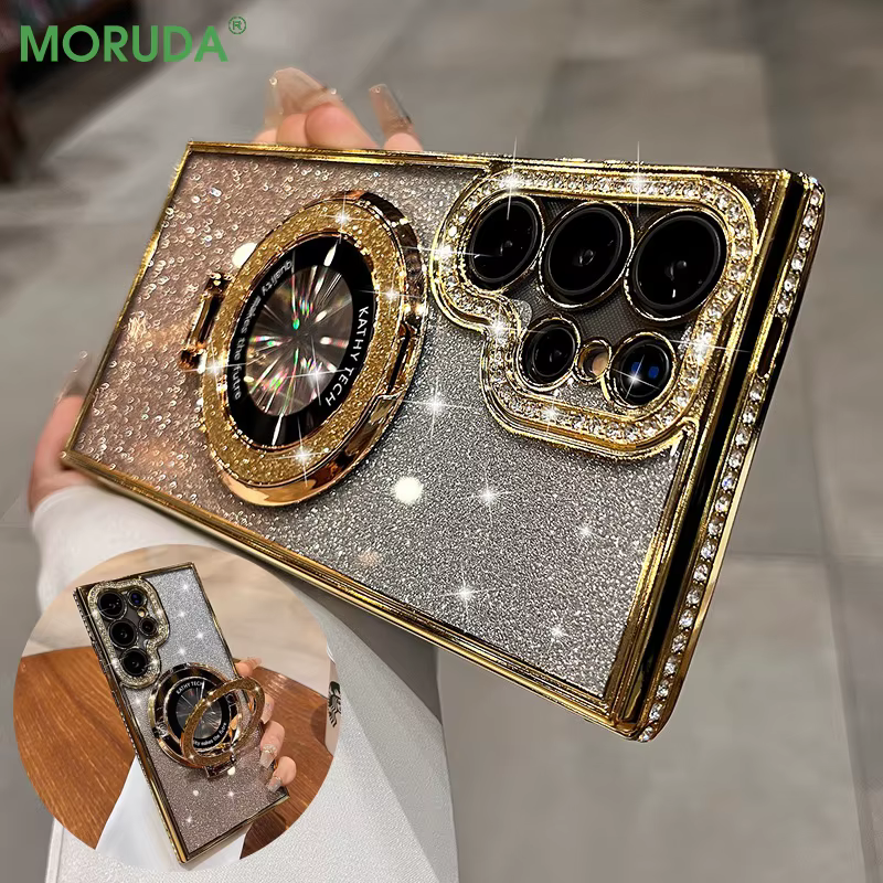 Étui S26Ultra Glitter Bracket pour Samsung Galaxy S25 S24 S23 S22 Ultra S26 Plus A55 A52S A15, coque magnétique antichoc avec diamants