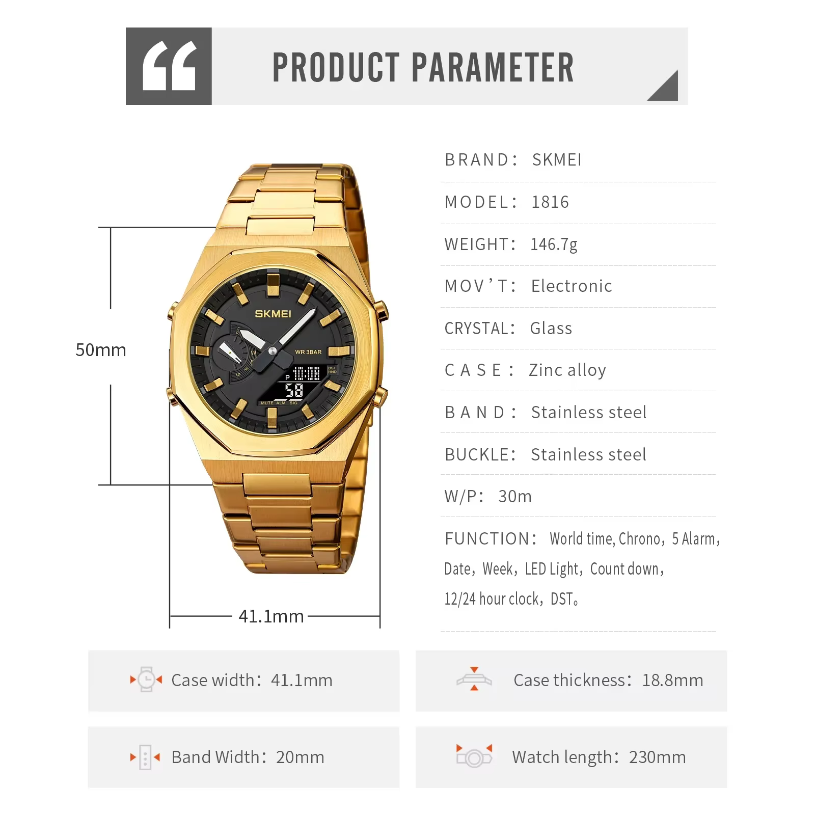 SKMEI 1816 montre à Quartz de luxe hommes numérique LED double affichage de l'heure étanche montres de sport