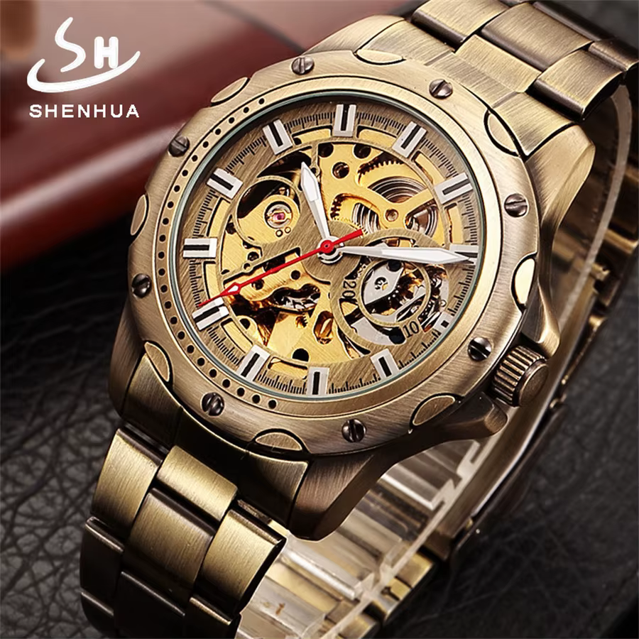 SHENHUA 9536A hommes montre mécanique automatique Bronze squelette décontracté