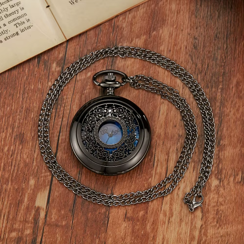 Montre de poche à Quartz creuse noire et argentée