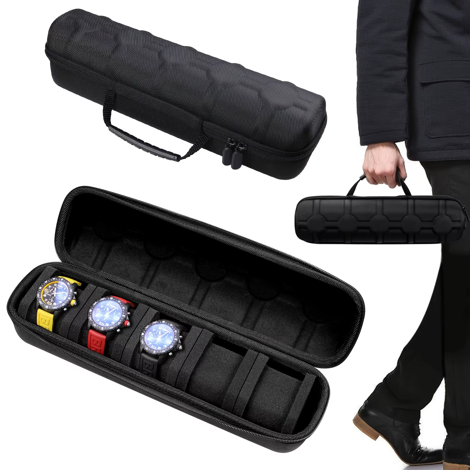 Organisateur de montres à 5 compartiments en coque rigide - Étui de voyage portable avec doublure en mousse