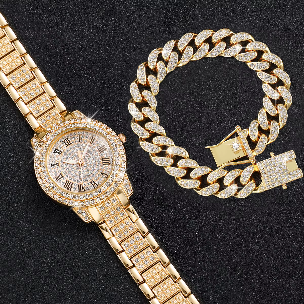 2 pièces mode diamant femmes montres montre en or dames