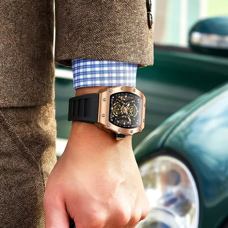ONOLA 3828 montre mécanique automatique conception de tonneau de vin hommes haut de gamme mode décontracté squelette