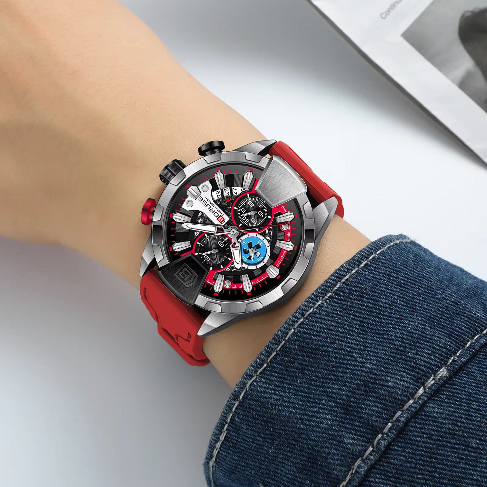 BORUSE montres pour hommes rouge étanche chronographe montre