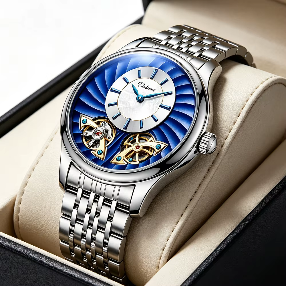 Montre pour homme avec double tourbillon rotatif bleu
