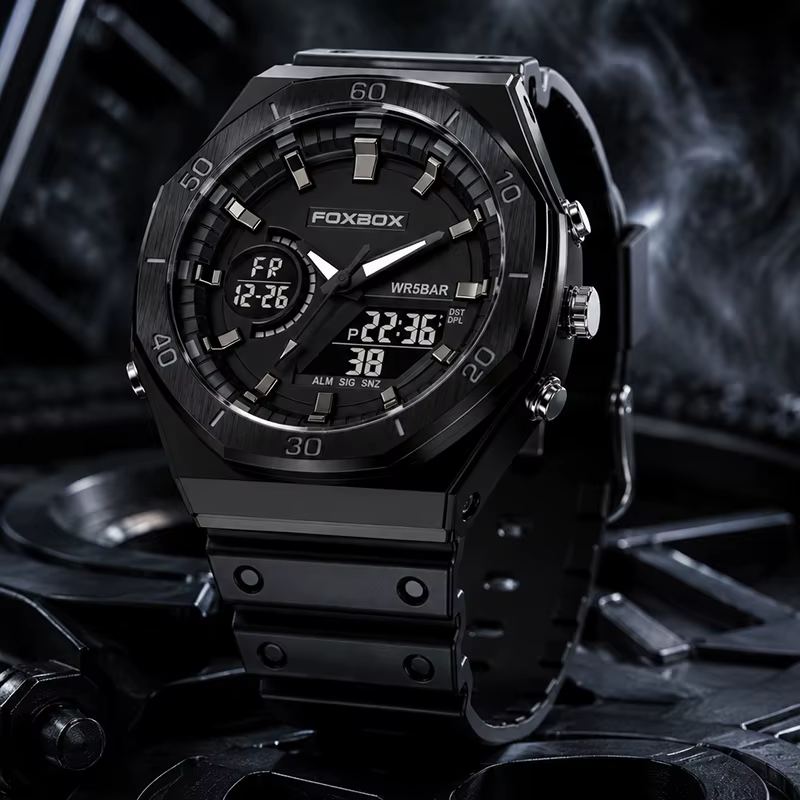 FOXBOX – montre de sport noire à double affichage pour hommes