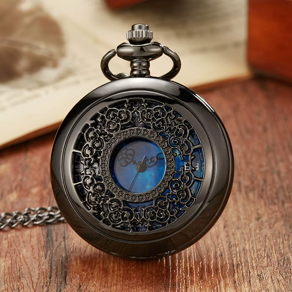 Montre de poche à Quartz creuse noire et argentée
