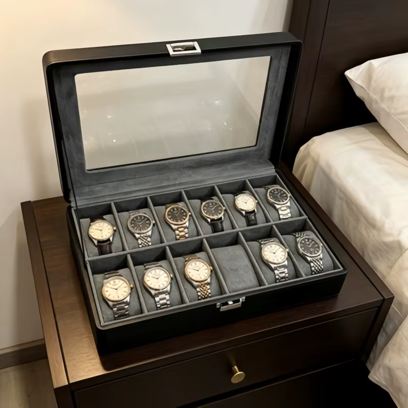 Boîte à montres en cuir de luxe à 12 emplacements avec serrure