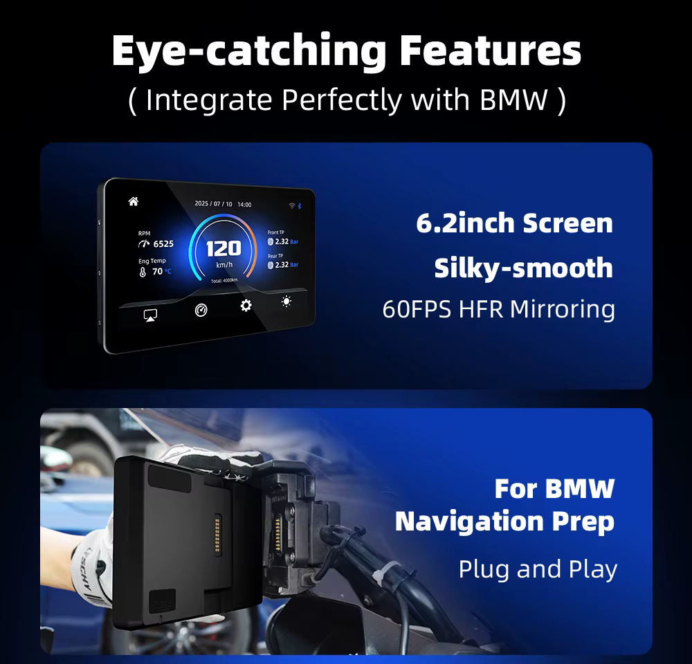 Lecteur multimédia pour moto EKIY 6,2 pouces, IP67, navigation GPS portable, enregistreur, CarPlay sans fil, Android Auto, écran miroir