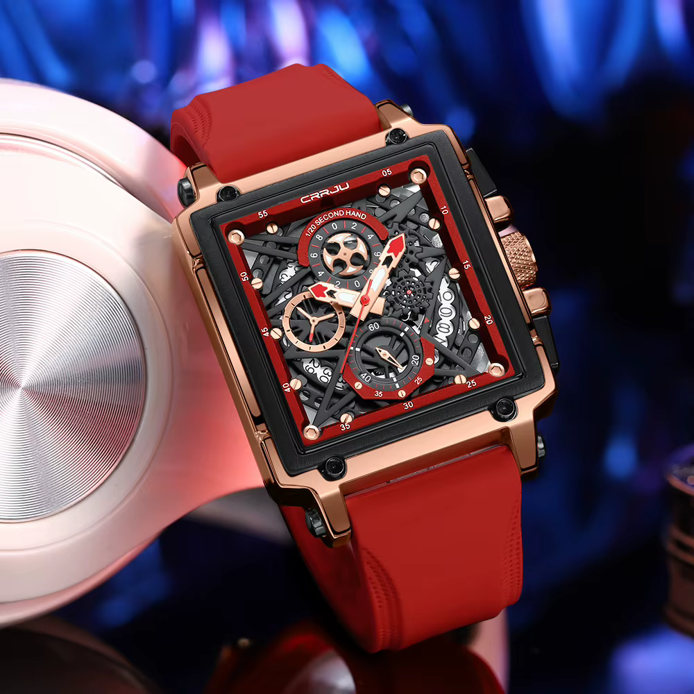 CRRJU montres de sport de mode avec grand cadran montres-bracelets à quartz rectangulaires uniques avec chronographe Date automatique