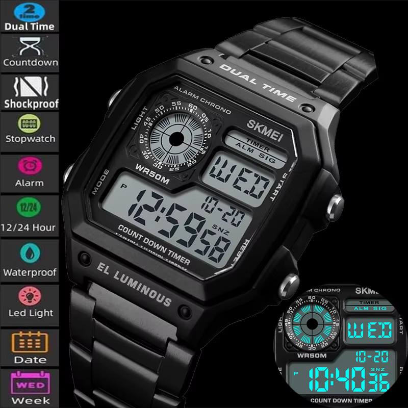 Skmei-Montre numérique en acier inoxydable pour homme