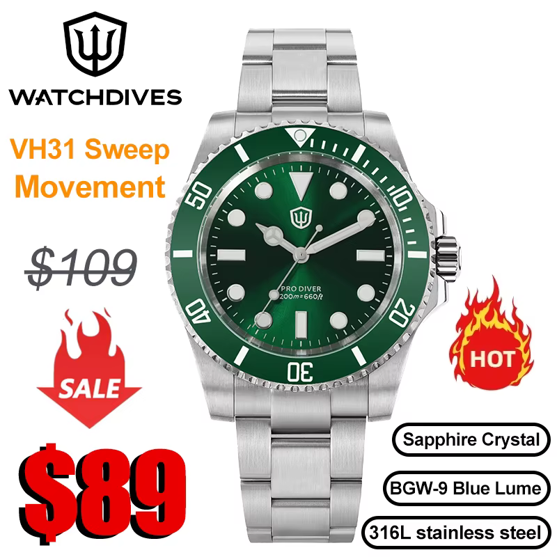 Watchdives WD1680Q V2 cadran vert montres à Quartz VH31 balayage deuxième mouvement saphir 200M étanche montre-bracelet en acier inoxydable